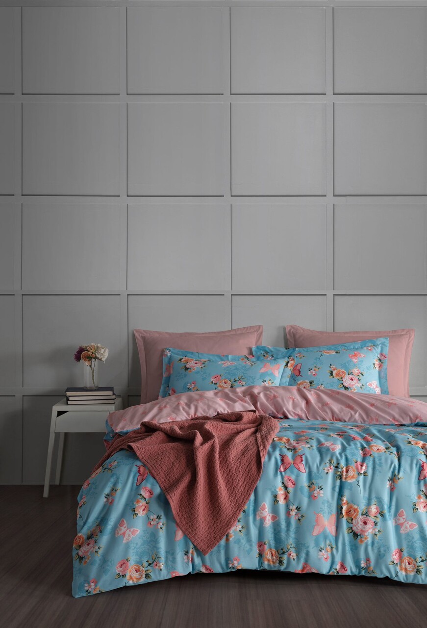 Lenjerie de pat dubla Super King (EU) (IT) L'essentiel Maison Flower Pulbere / Alb