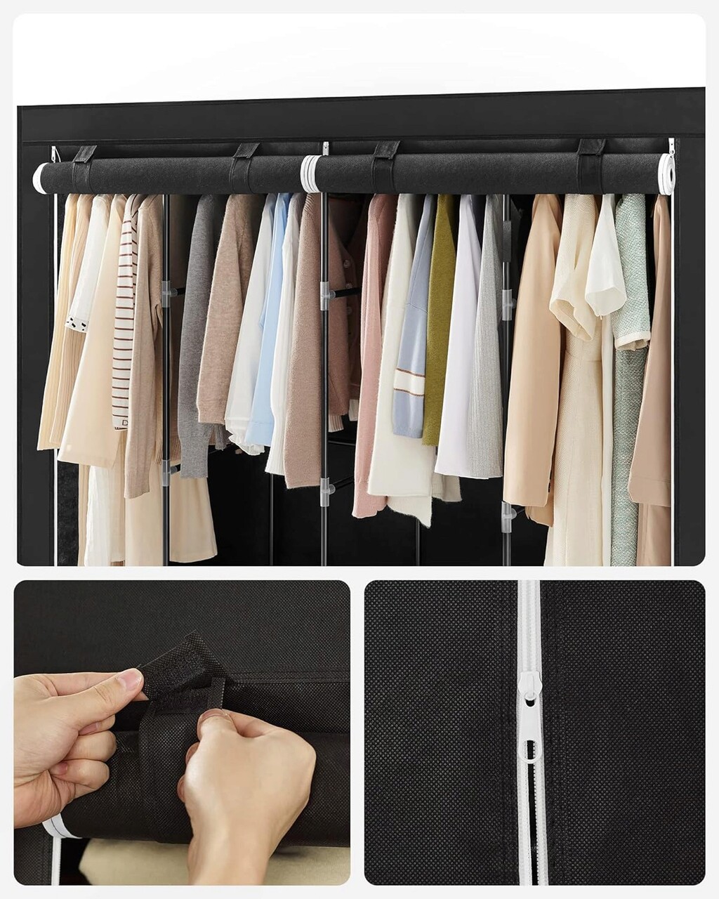 Dulap textil pentru haine Vasagle, 170x45x167 cm, material netesut/otel, negru - 2 | YEO