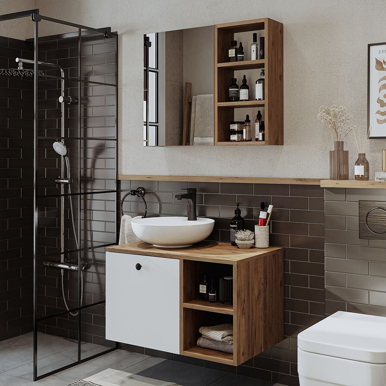Set Dulap de Baie cu Chiuvetă și Oglindă (2 Piese), Hanah Home, 2478, MDF, Pin Atlantic / Alb