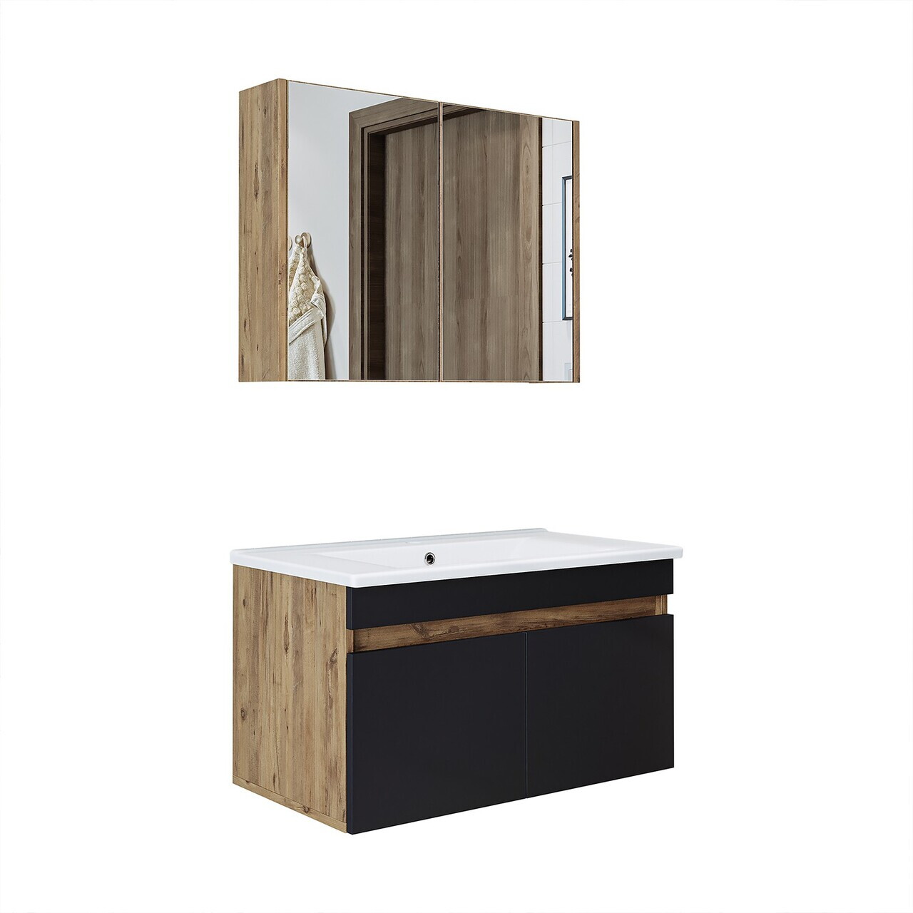 Set Dulap de Baie cu Chiuvetă și Oglindă (2 Piese), Hanah Home, 1909, MDF-LAM, Pin Atlantic / Antracit — imaginea 6