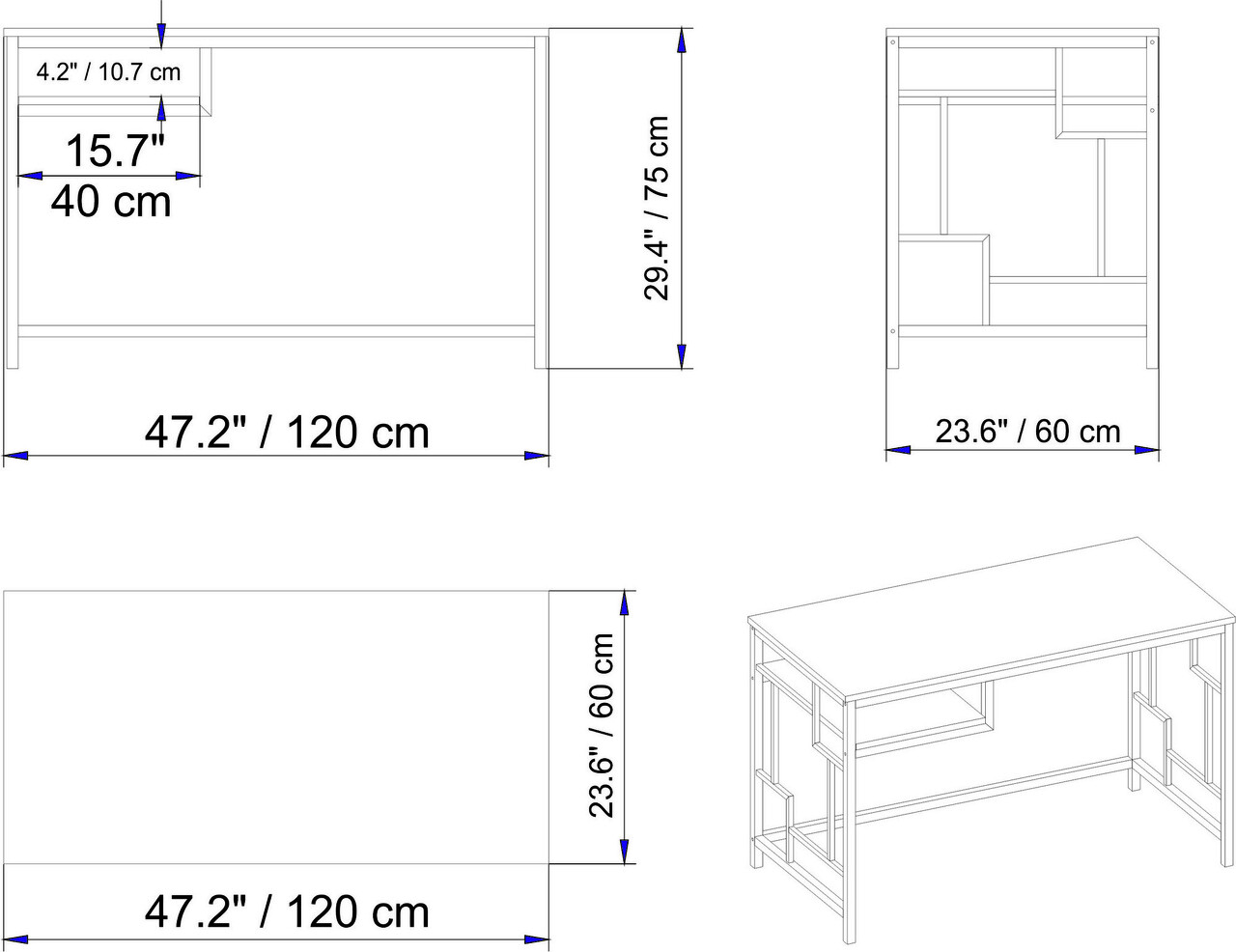 Birou, Hadley, Victory, 120x75x60 Cm, Nuc Negru