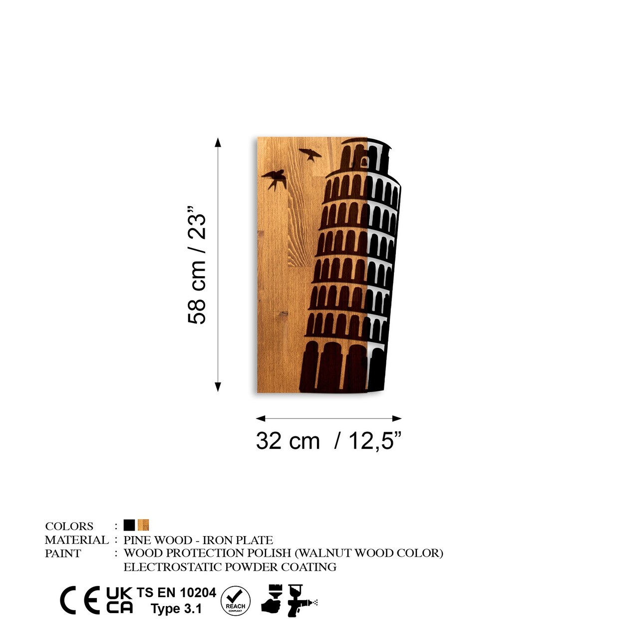 Decoratiune de perete, Pisa Tower, Lățime: 32 cm, Nuc / Negru - view 6