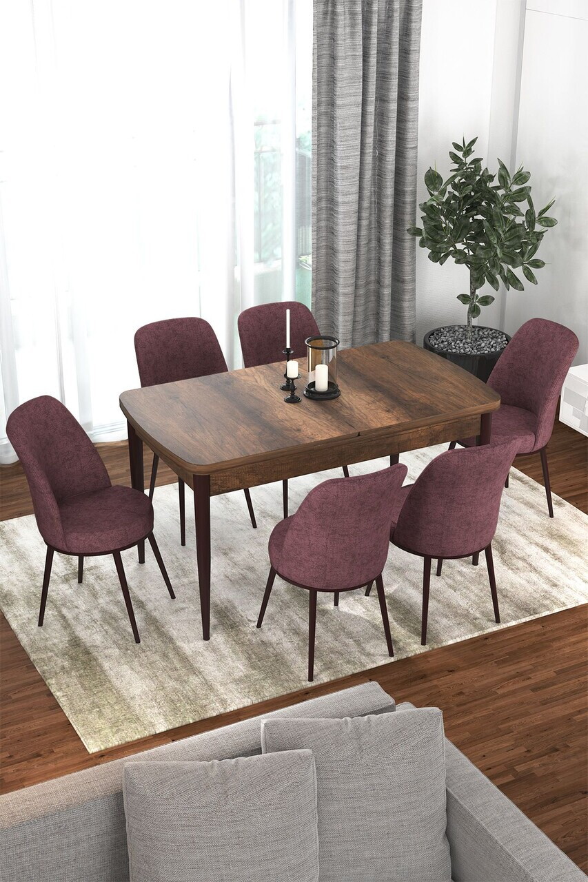 Set masa extensibila si scaune (7 piese), Hanah Home, Via, Model baroc din lemn / Roz prăfuit
