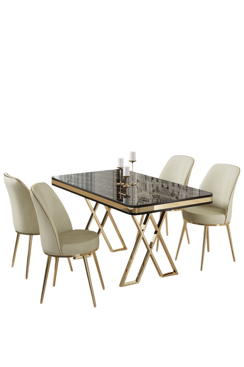 Set masă și scaune (5 bucăți), Hanah Home, Vals, Marmură neagră / Auriu / Crem - imagine 2