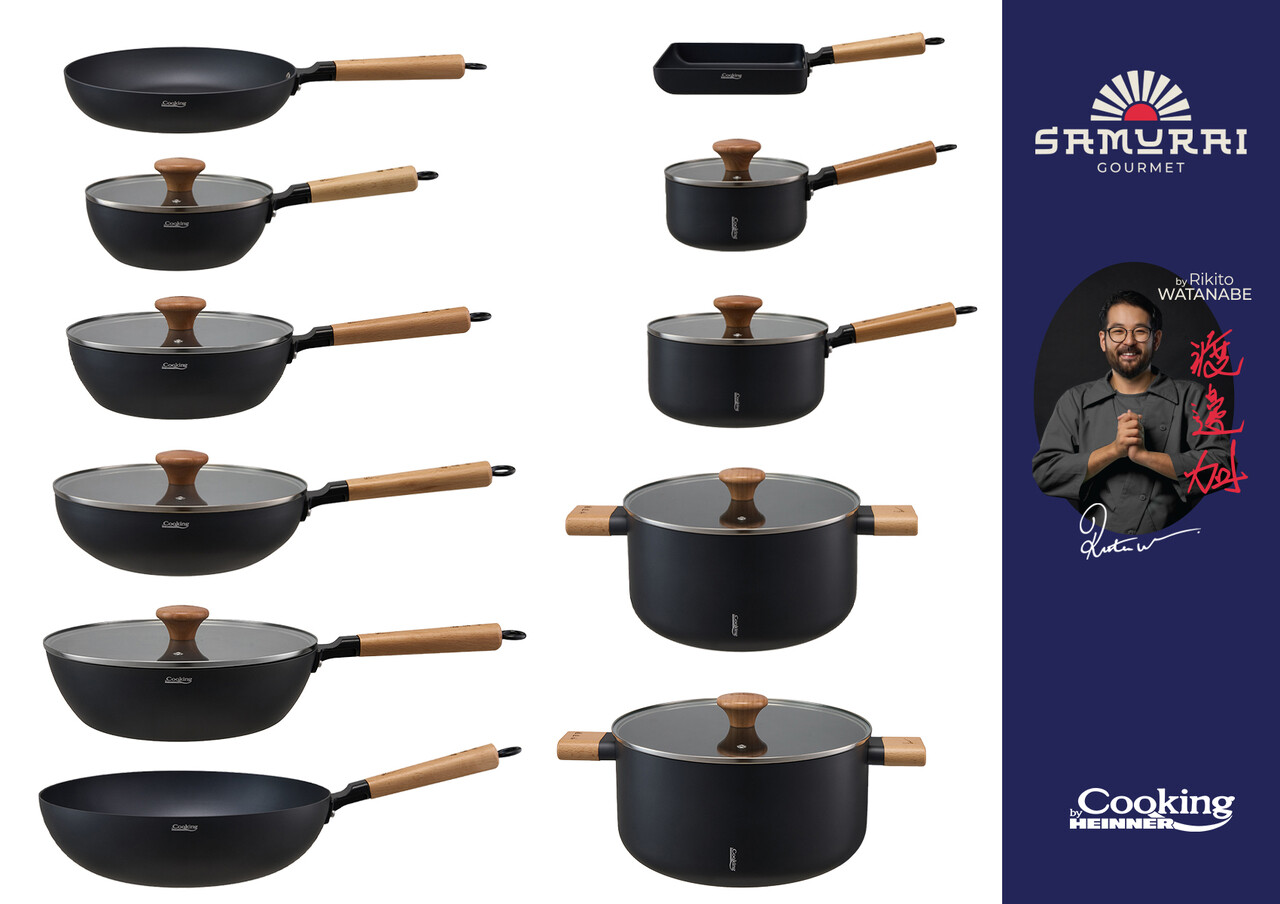 Tigaie Wok cu capac, Samurai Gourmet by Rikito Watanabe si Cooking by Heinner, 20x7 cm, aluminiu, negru/natur