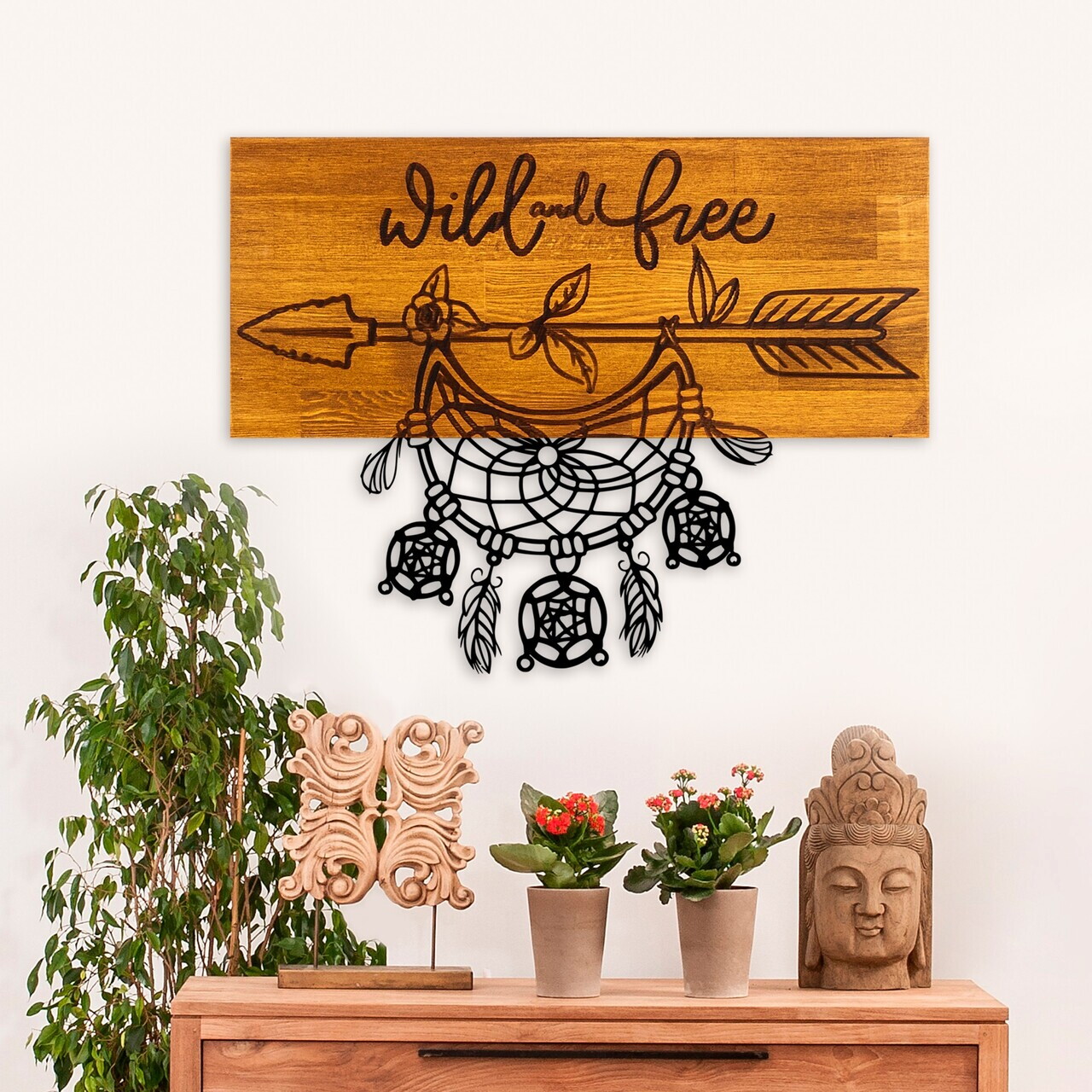 Decoratiune de perete, Wild and Free, Lățime: 58 cm Înălțime: 45 cm Adâncime: 3 cm, Nuc / Negru