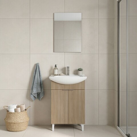 Set Dulap de Baie cu Chiuvetă și Oglindă (2 Piese), Hanah Home, Purus 55, Stejar