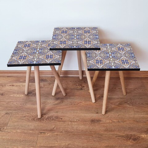 Set masute 3 piese, Leona, 3Shp34, Bleumarin / Albastru / Bej