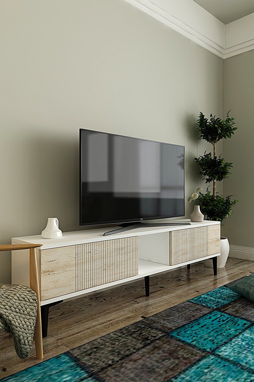 Comoda TV, Hanah Home, Corsa 150, 150x40.5x32 cm, Alb / Travertin - imagine 2