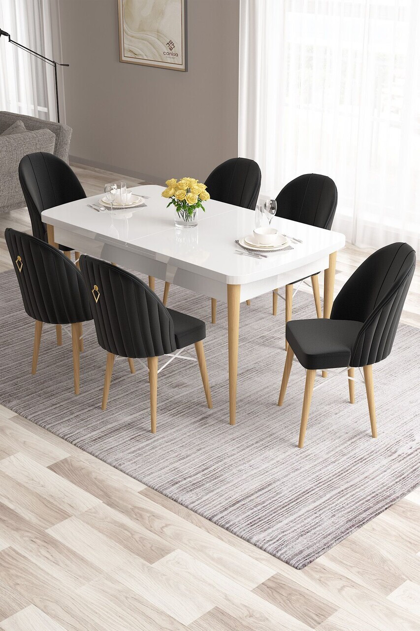 Set masa extensibila si scaune (7 piese), Hanah Home, Roz, Alb / Lemn natural / Negru