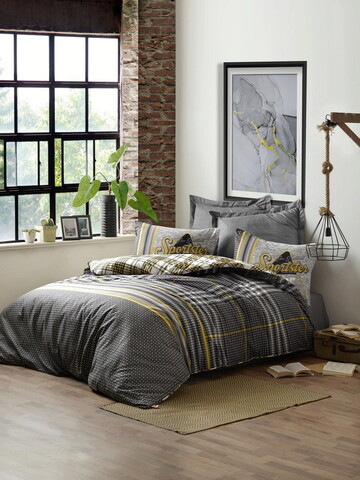 Lenjerie de pat dubla Super King (EU) (IT), Leonardo - Grey, Cotton Box, Bumbac Ranforce