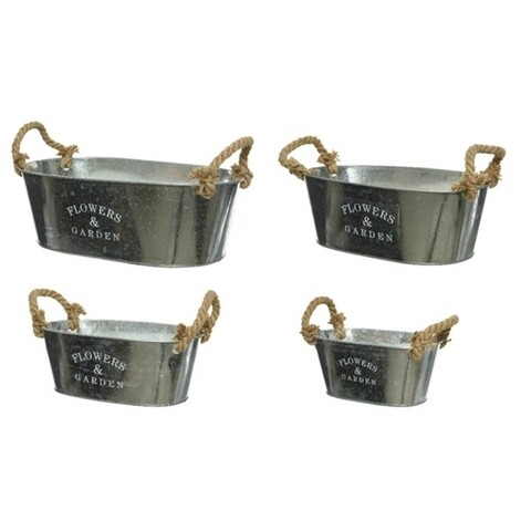 Set 4 ghivece Flower & Garden Oval, Decoris, zinc, argintiu