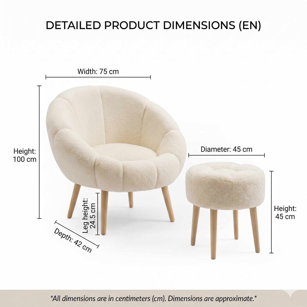 Set fotoliu cu aripioare și puf (2 piese), Atelier del Sofa, 666HAC5104, PAL, Crem — imaginea 4