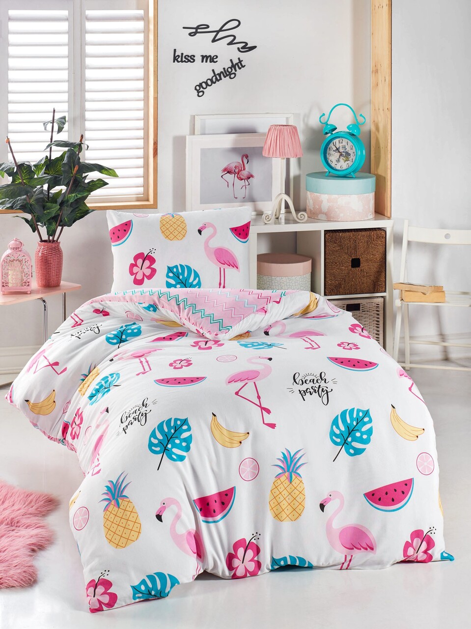 Lenjerie de pat pentru o persoana 2 piese, Kokteyl, EnLora Home, 65% bumbac/35% poliester