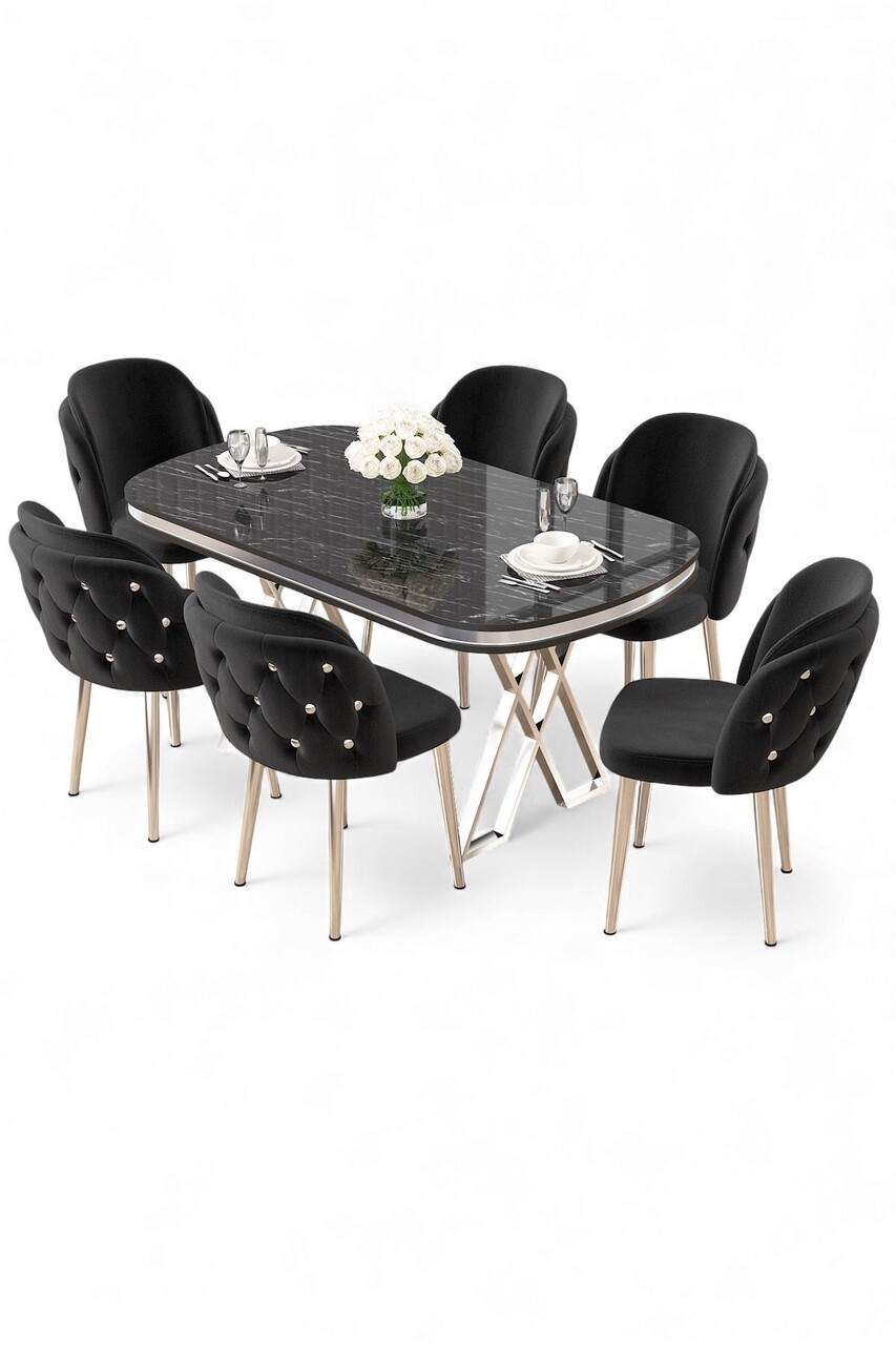 Set masă și scaune (7 piese), Hanah Home, Zae, Marmură neagră / Crom / Negru - view 2
