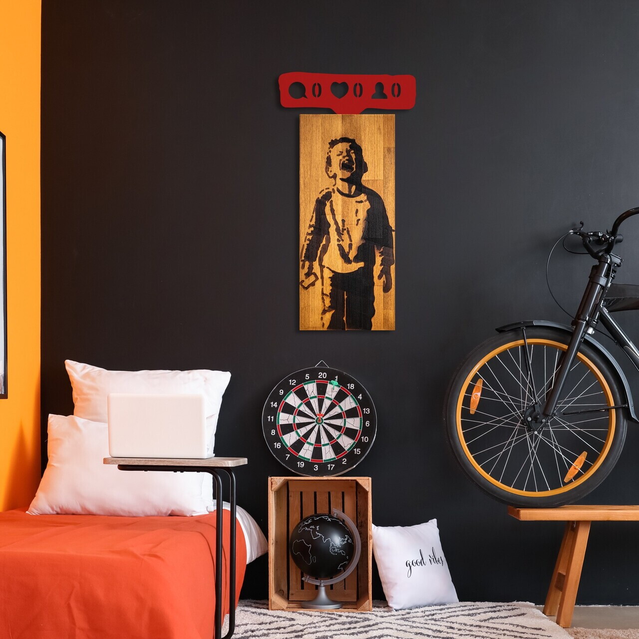 Decoratiune de perete, Banksy, Lățime: 36 cm Înălțime: 69 cm Adâncime: 3 cm, Nuc / Roșu — imaginea 3