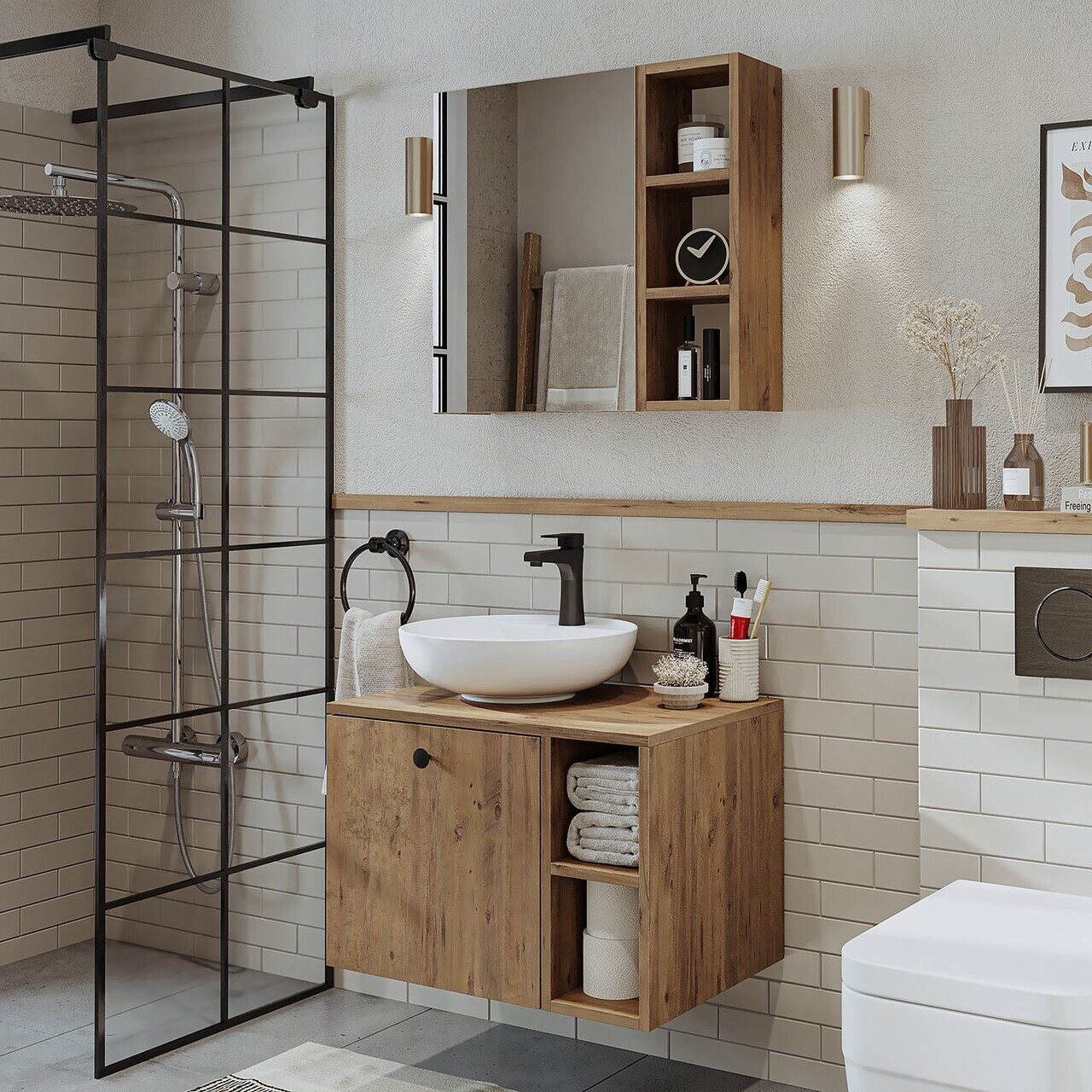 Set Dulap de Baie cu Chiuvetă și Oglindă (2 Piese), Hanah Home, 2482, MDF, Maro