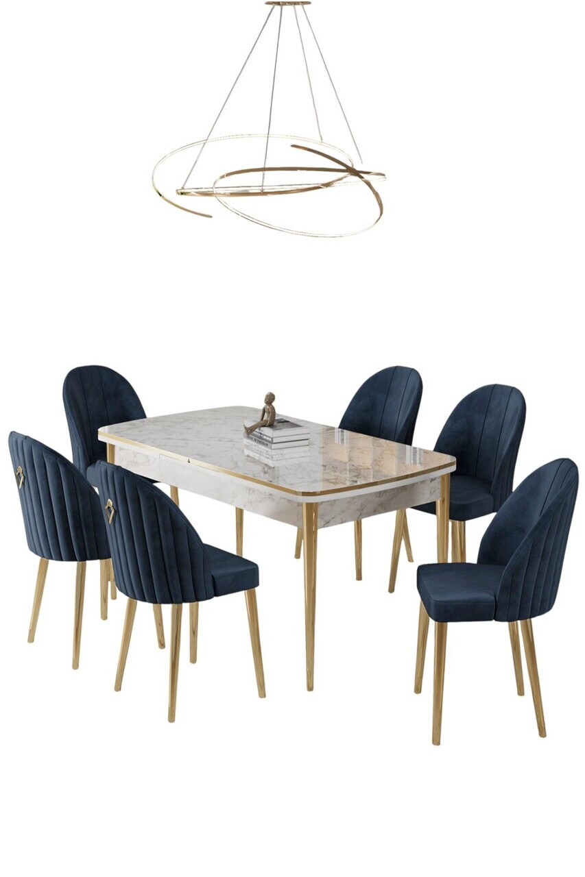 Set masa extensibila si scaune (7 piese), Hanah Home, Rada, Model de marmură albă / Auriu / Antracit — imaginea 2