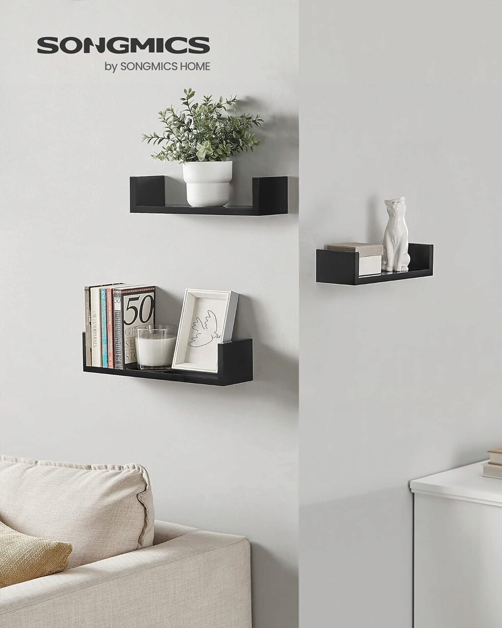 Set 3 rafturi de perete Songmics Modern, 40 x 10 x 9 cm, PAL, negru - imagine 10
