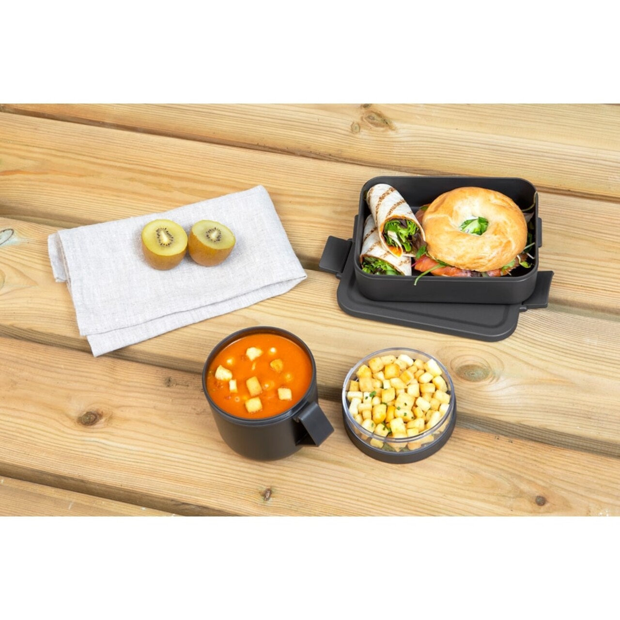 Set caserola pranz si bol supa 2 piese, Brabantia, Make&Take, 1.1 L, 600 ml, plastic, gri inchis