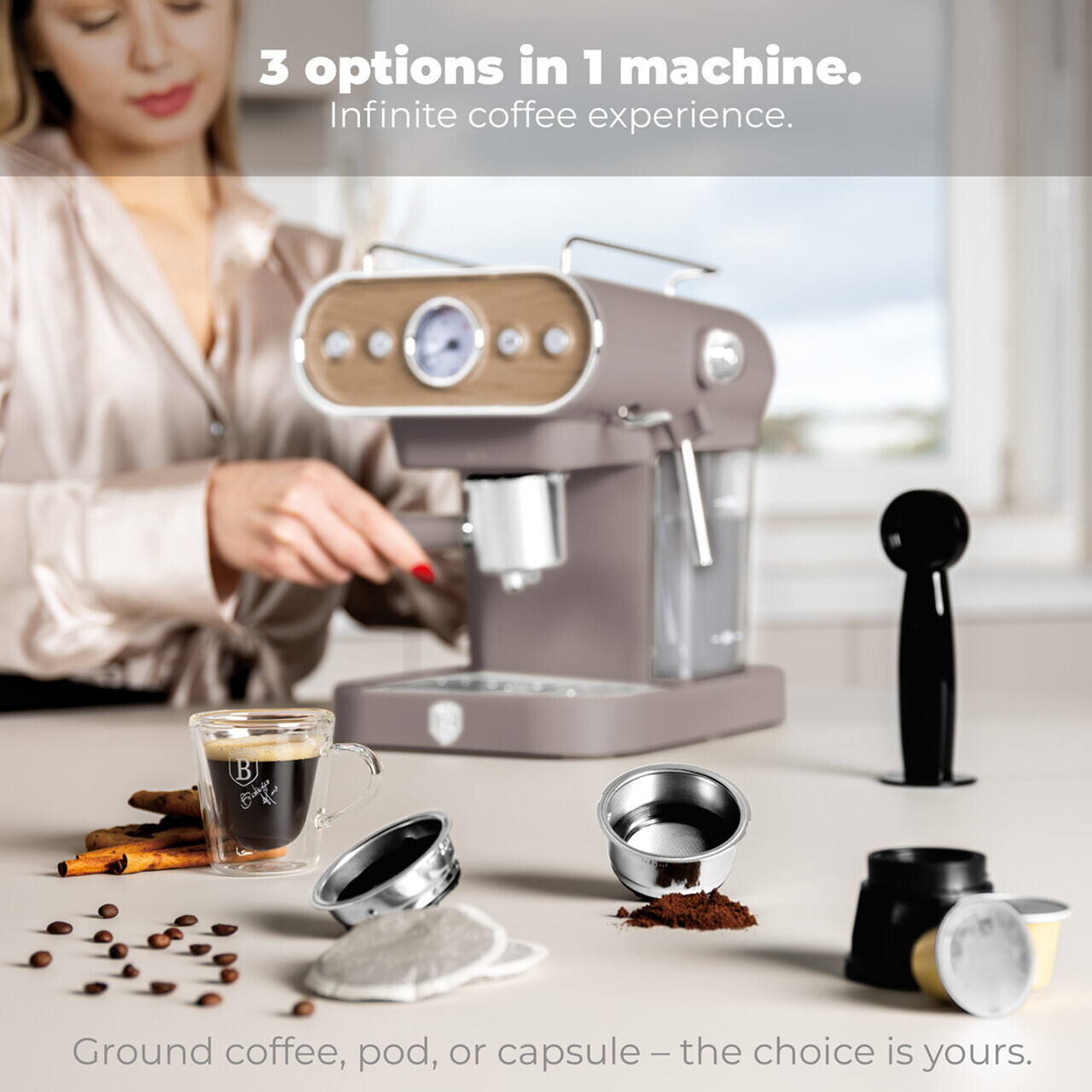 Espressor 3 in 1 Berlinger Haus, Taupe Nordic, 950W, 23x26.5x30.5 cm, inox, taupe mat/natur - view 11