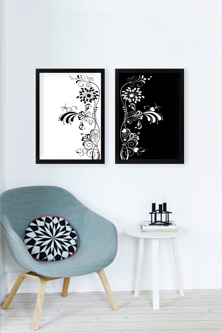 Set 2 Tablouri Decorative Black And White Harmony, Tablo Center, 34x44 Cm, MDF, Alb/negru