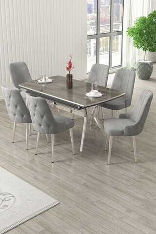 Set masa extensibila si scaune (7 piese), Hanah Home, Nis, Antracit / Crom / Gri