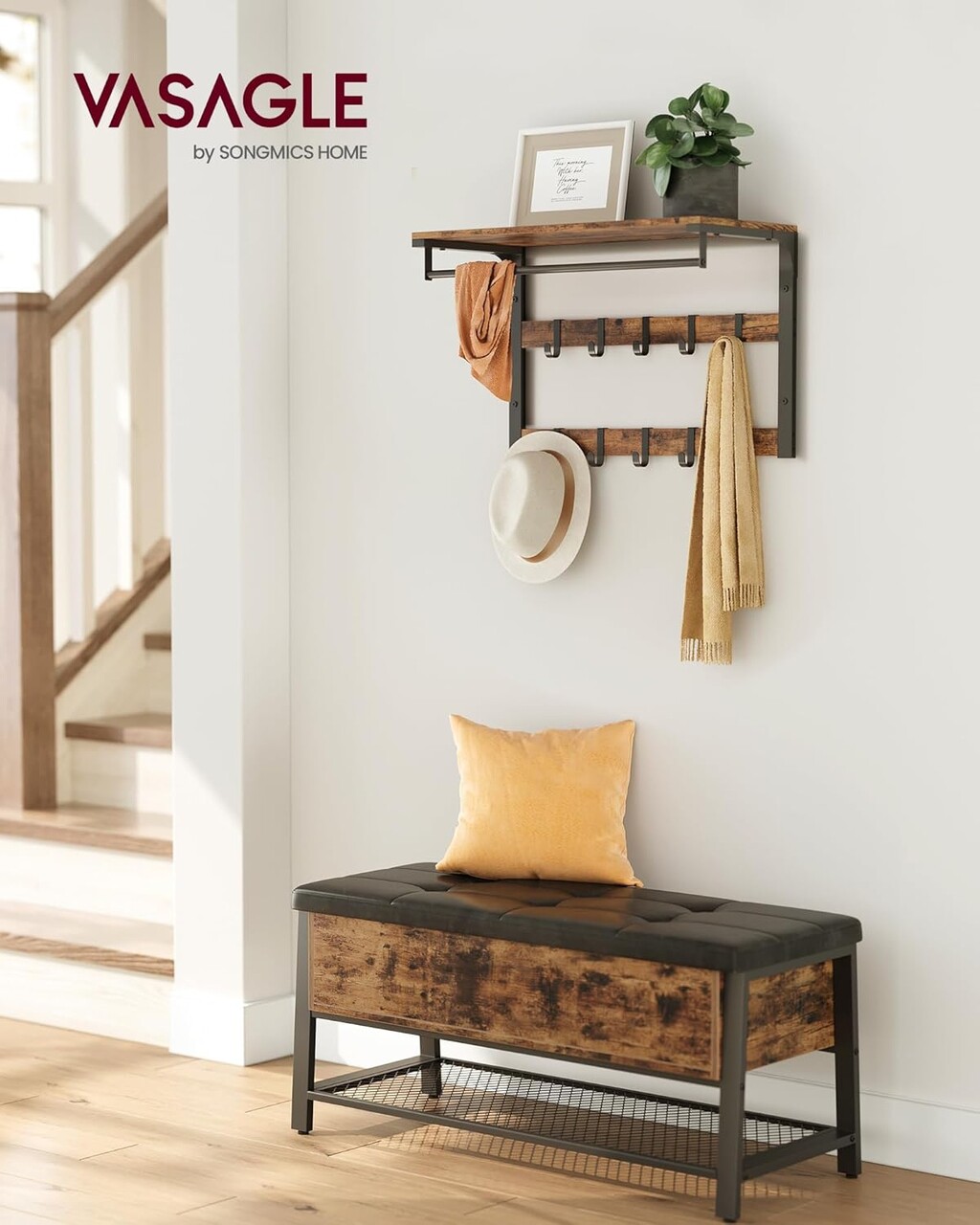 Cuier de perete, Vasagle, cu 10 agatatori detasabile, 65 x 30 x 42 cm, PAL/otel, maro rustic - 1 | YEO