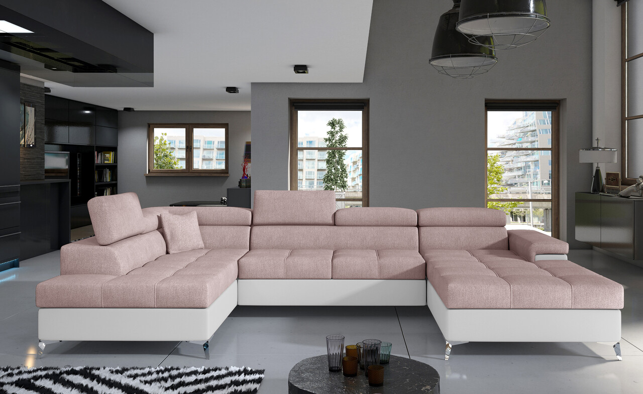 Coltar extensibil stanga 5 locuri ELTAP, Edr-20, Eduardo, 337x205x88 cm, lemn/poliester, roz deschis/alb