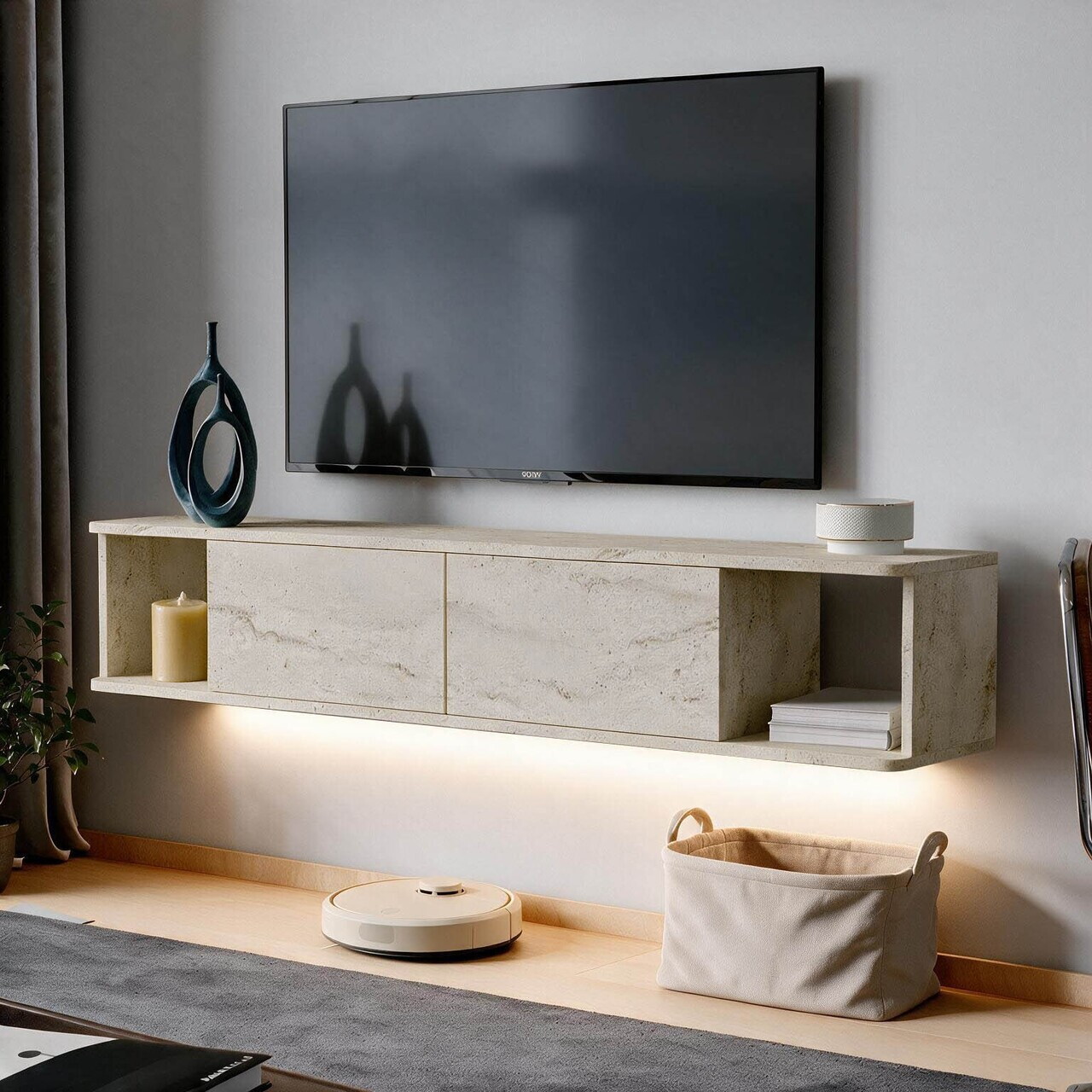 Comoda TV, Hanah Home, Twist LED, 160x29x29 cm, Travertin