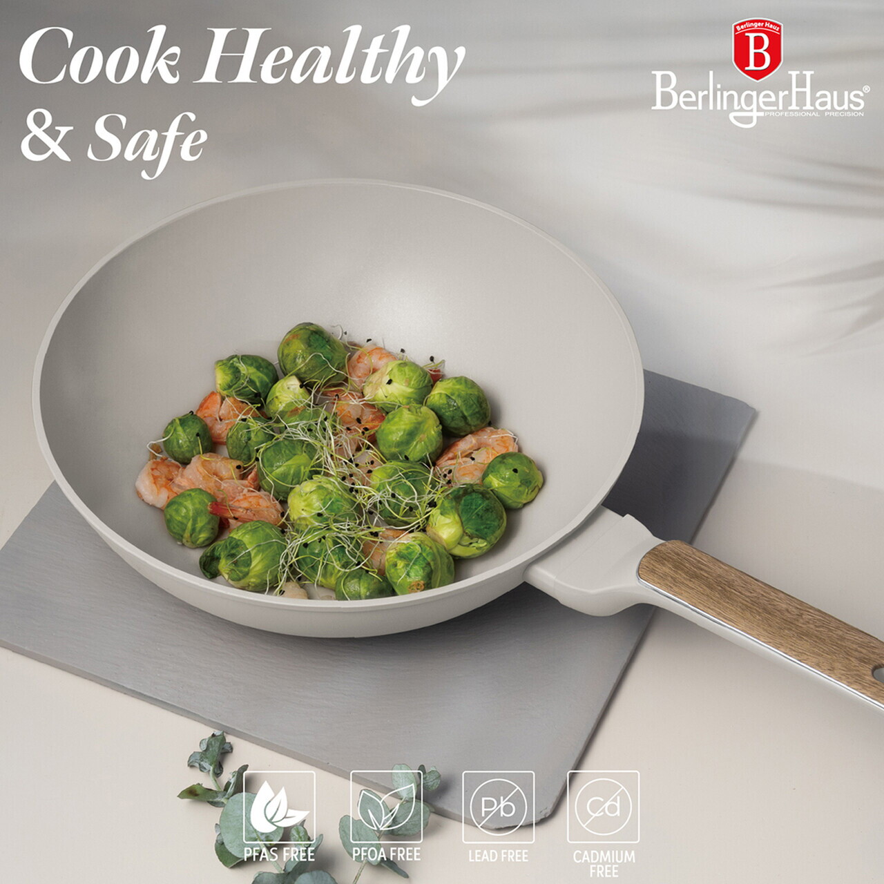 Tigaie Wok Berlinger Haus, Sahara Nordic, 28 cm, 3.5 L, aluminiu forjat, crem mat/natur - imagine 7