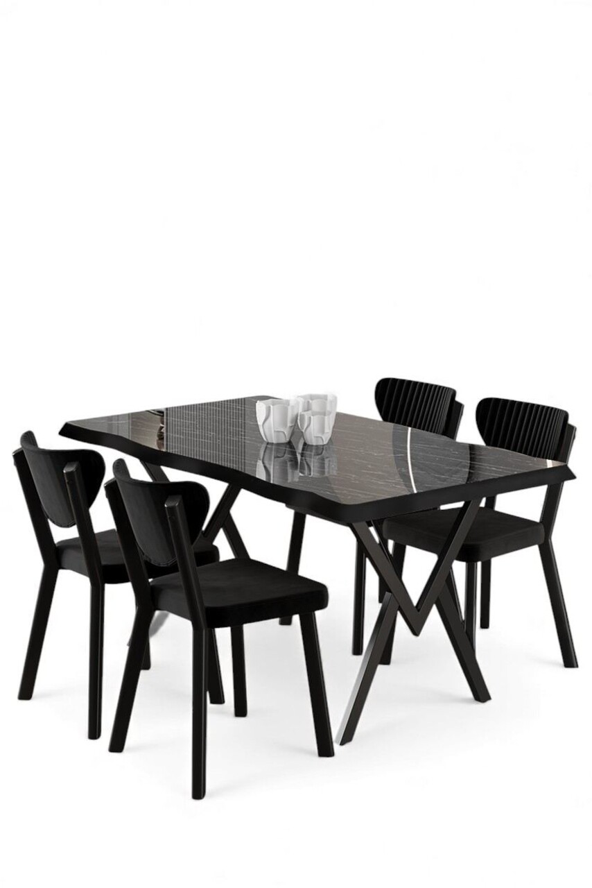Set masă și scaune (5 bucăți), Hanah Home, Akort, Marmură neagră / Negru - view 2
