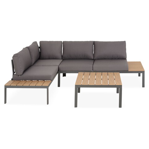 Set mobilier pentru gradina/terasa, 3 piese, corint, otel/imitatie lemn/poliester, gri