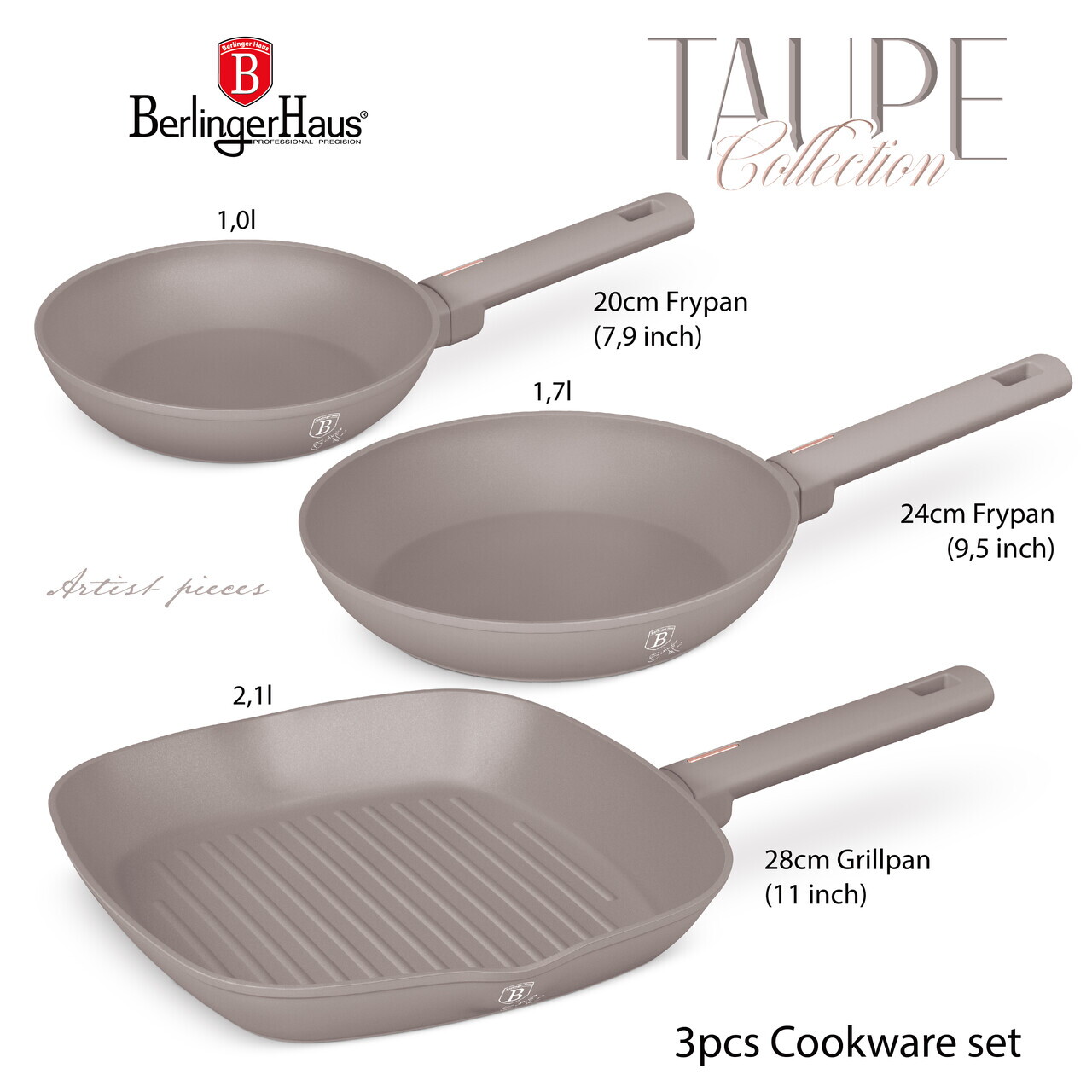 Set 3 tigai Berlinger Haus, Taupe, 20/24/28 cm, aluminiu forjat, taupe mat - imagine 11