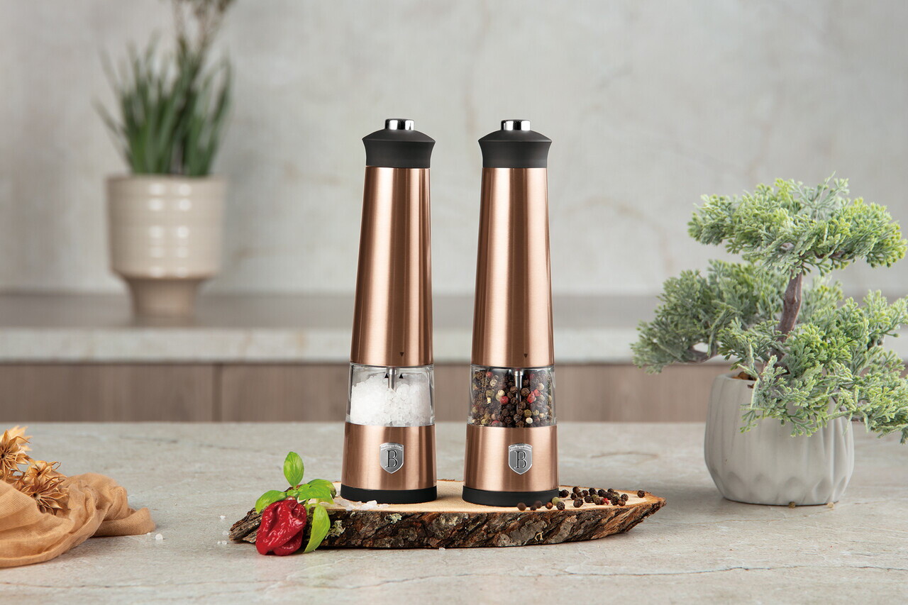 Set 2 rasnite electrice pentru sare/piper Berlinger Haus, Rose Gold, inox/ceramica, roz/negru - imagine 4