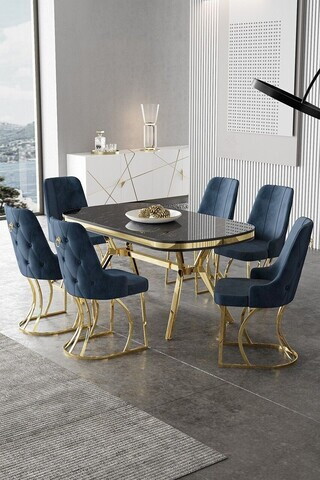 Set masa si scaune (7 piese), Hanah Home, Epal, Sonata / Auriu / Antracit