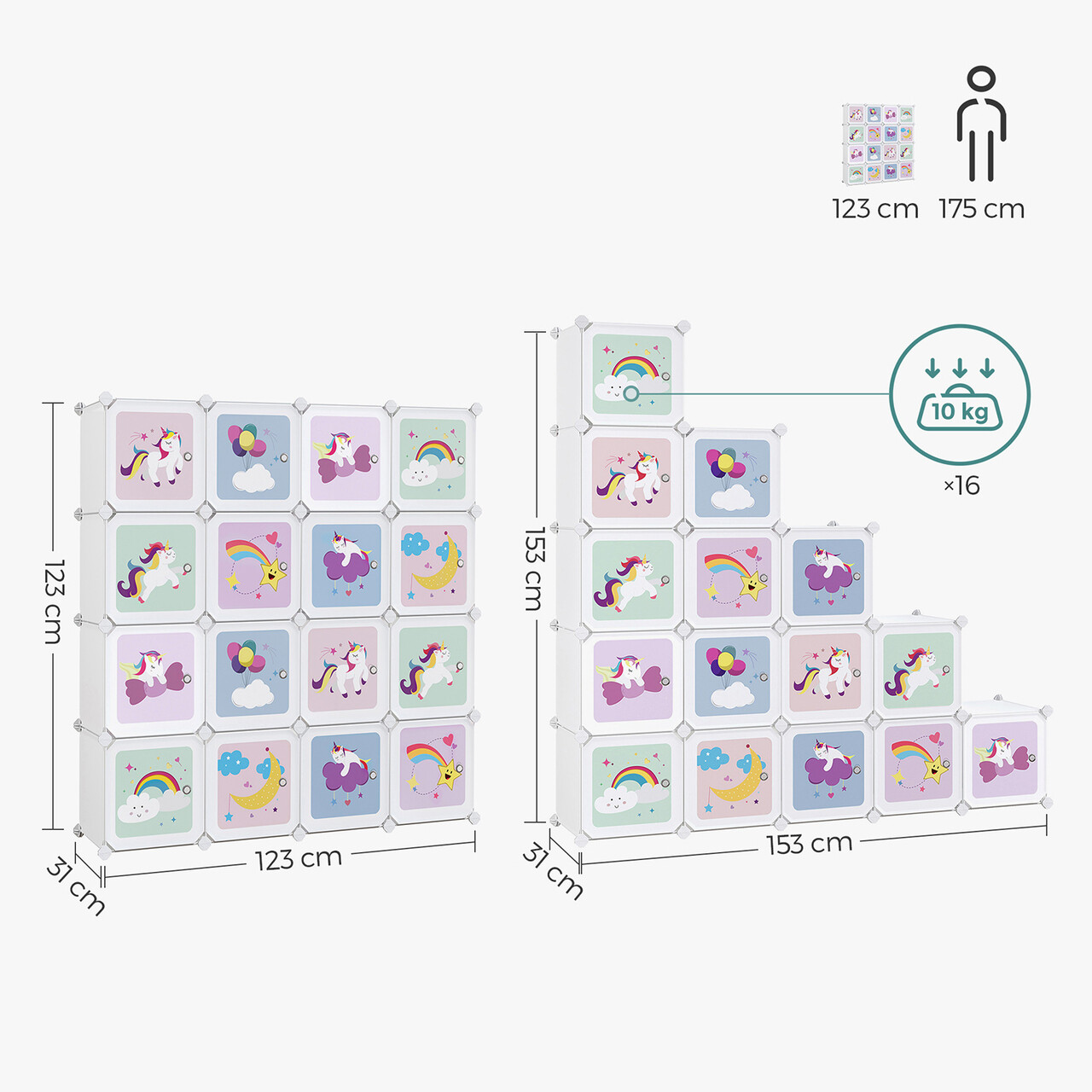 Dulap modular pentru depozitare jucarii, Songmics, 16 compartimente, 123x31x123 cm, ABS/otel, alb - imagine 3