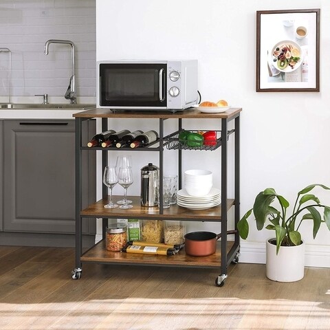 Carucior cu 3 rafturi pentru bucatarie, Vasagle, 80 x 40 x 86.5 cm, otel/PAL, maro/negru mat