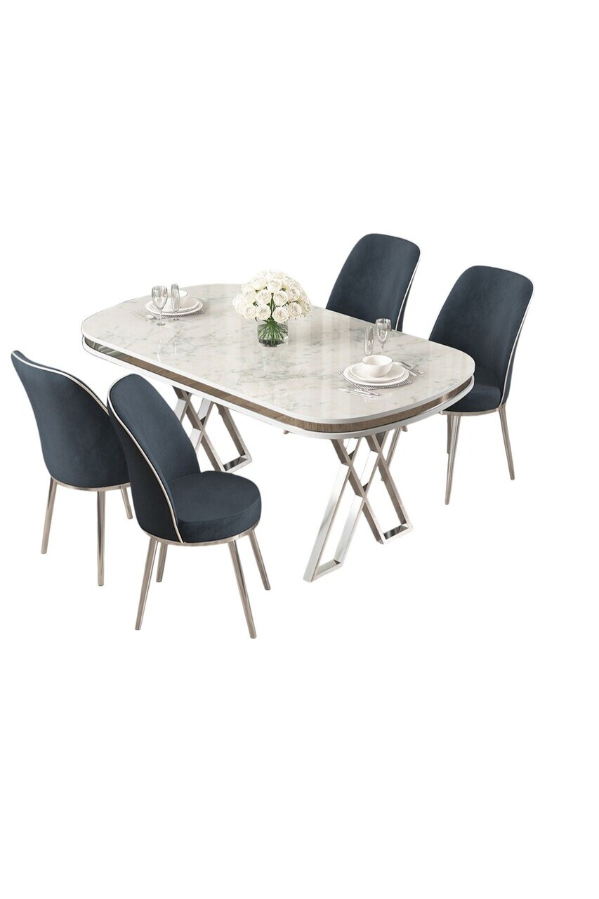 Set masa si scaune (5 piese), Hanah Home, Lai, Model de marmură albă / Crom / Antracit — imaginea 2