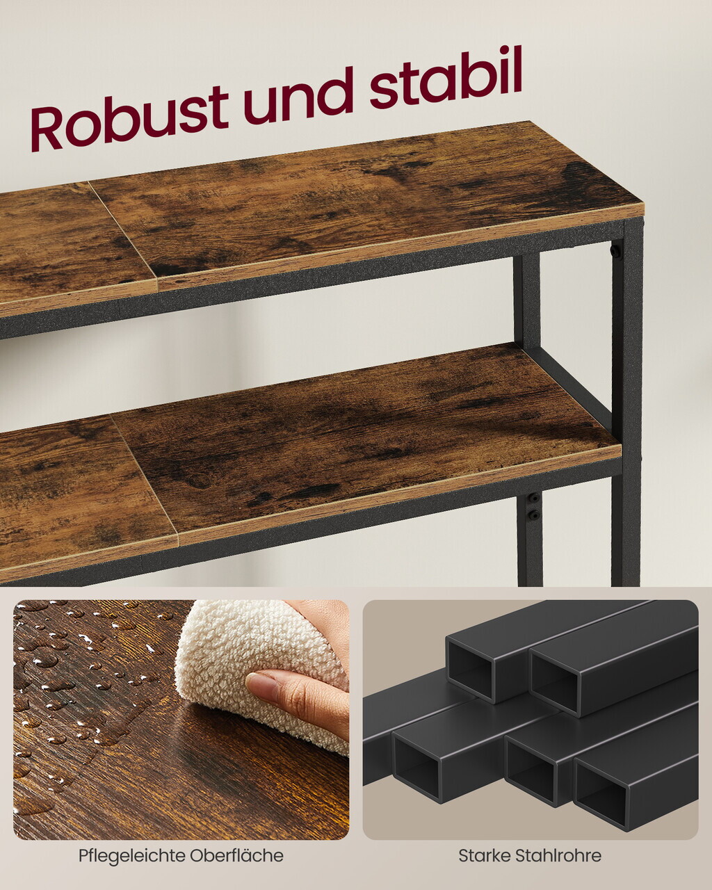Consola cu 2 rafturi, Vasagle, 120x20x80 cm, PAL/otel, maro rustic/negru - imagine 4