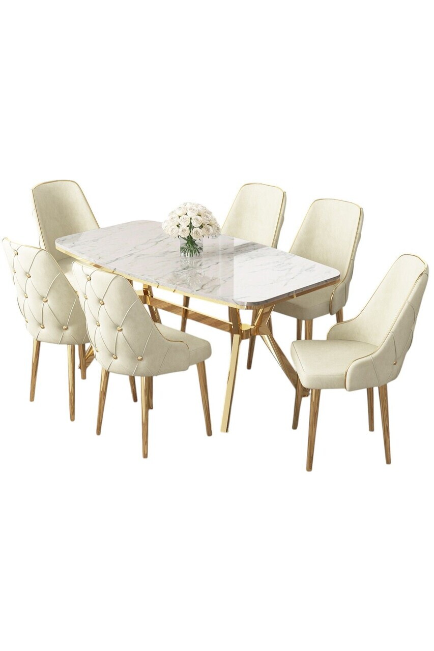 Set masa si scaune (7 piese), Hanah Home, Asel, Model de marmură albă / Auriu / Crem — imaginea 2