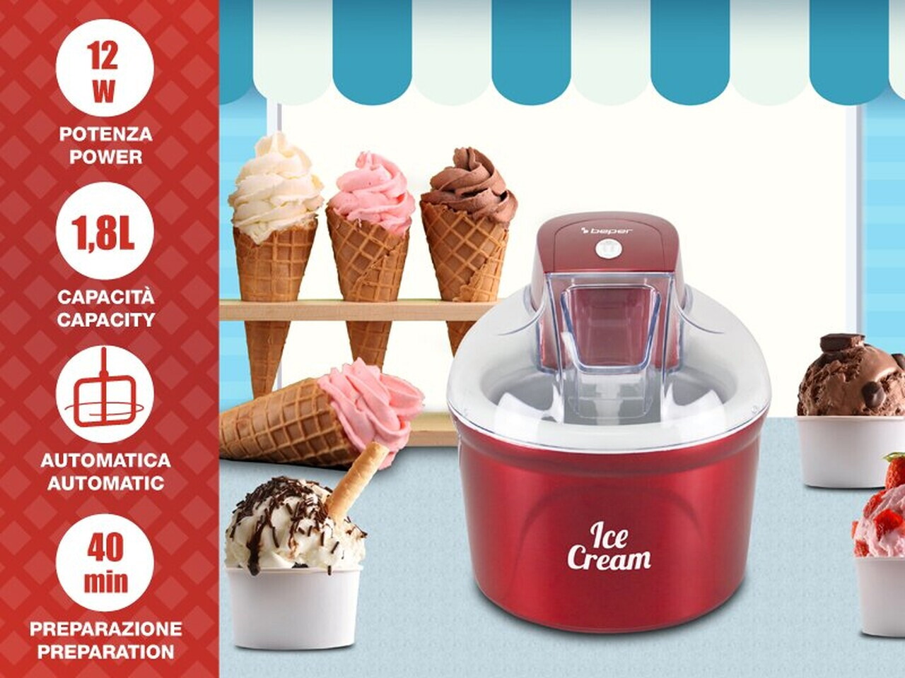 Aparat de facut inghetata si sorbet Beper, 12 W, 20x23 cm, ABS, rosu - view 8