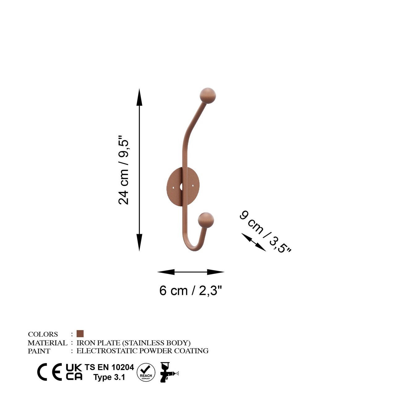 Cuier de perete, Rhino-C, Dimensiuni: 6 x 9 cm Înălțime: 24 cm, Cupru - view 6