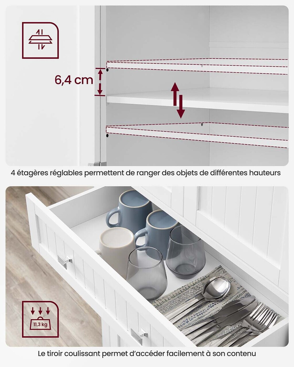 Dulap bucatarie, Vasagle, 2 corpuri, sertar si rafturi reglabile, 76x40x182.1 cm, MDF, alb - imagine 4