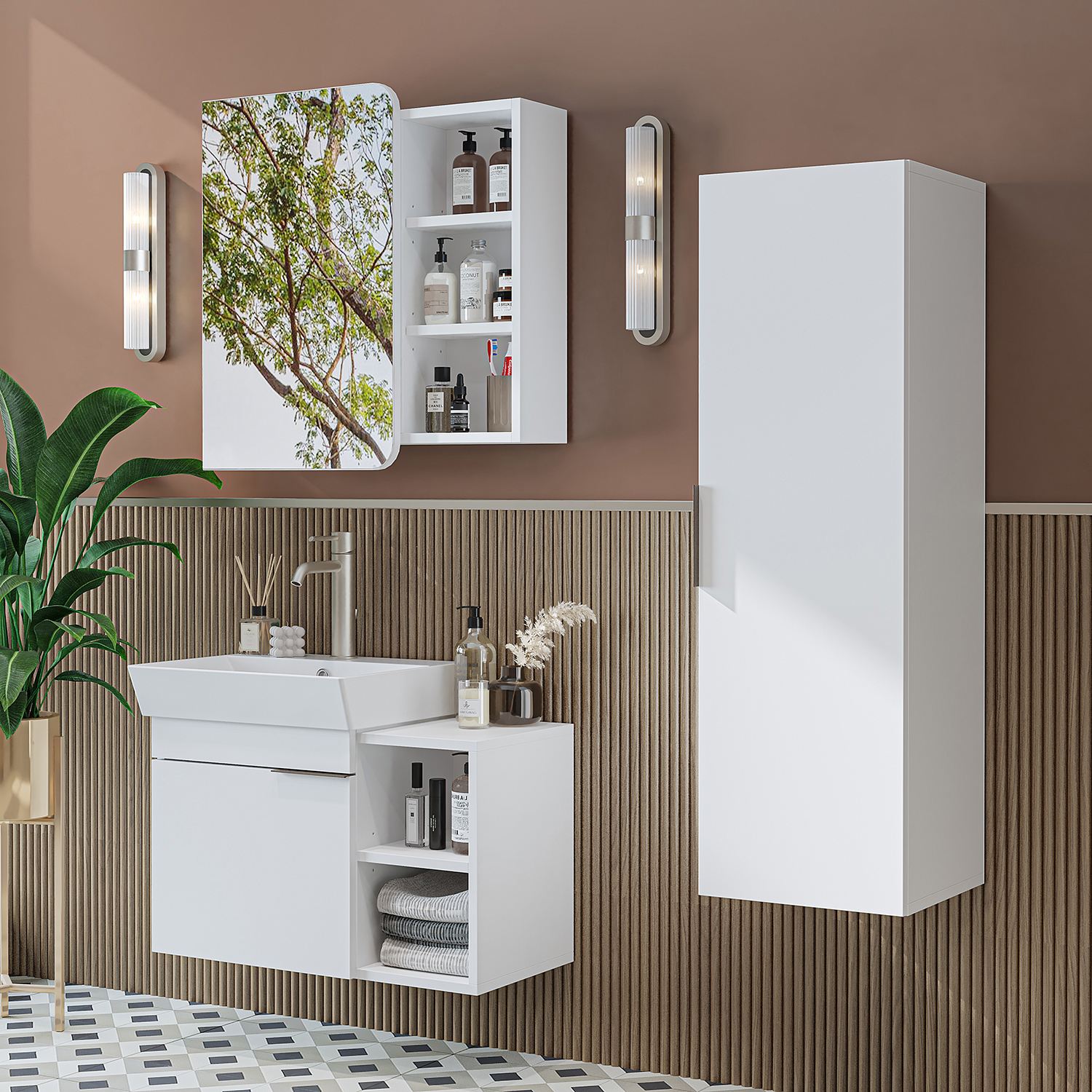 Set Dulap de Baie cu Chiuvetă și Oglindă (3 Piese), Hanah Home, 2925, PAL MELAMINAT, Alb