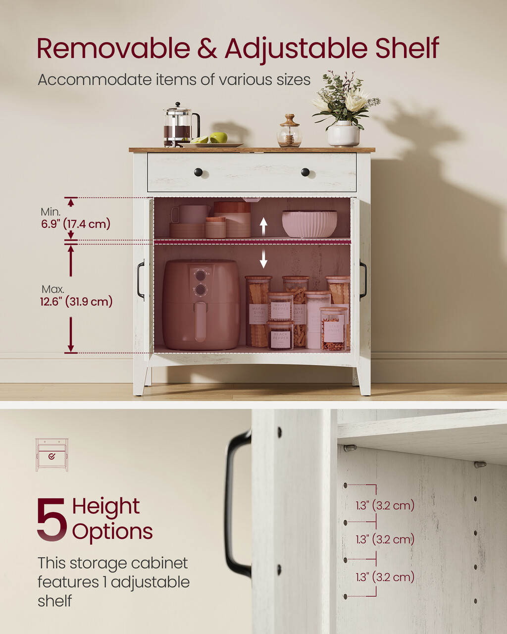 Bufet cu 2 usi si 1 sertar, Vasagle, 80x40x80 cm, MDF/PAL, alb rustic/maro - imagine 6