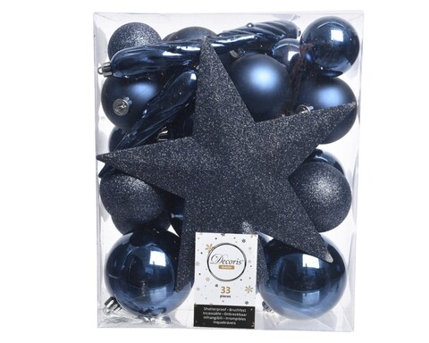 Cutie cu 33 globuri asortate si varf de brad Star Night Blue, Decoris, plastic, albastru