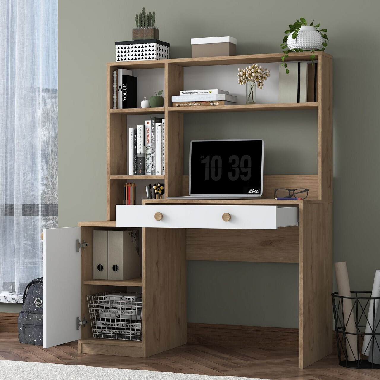 Set birou si biblioteca, Hanah Home, HA126, 115x146x50 cm, PAL melaminat, Nuc/Alb - view 7