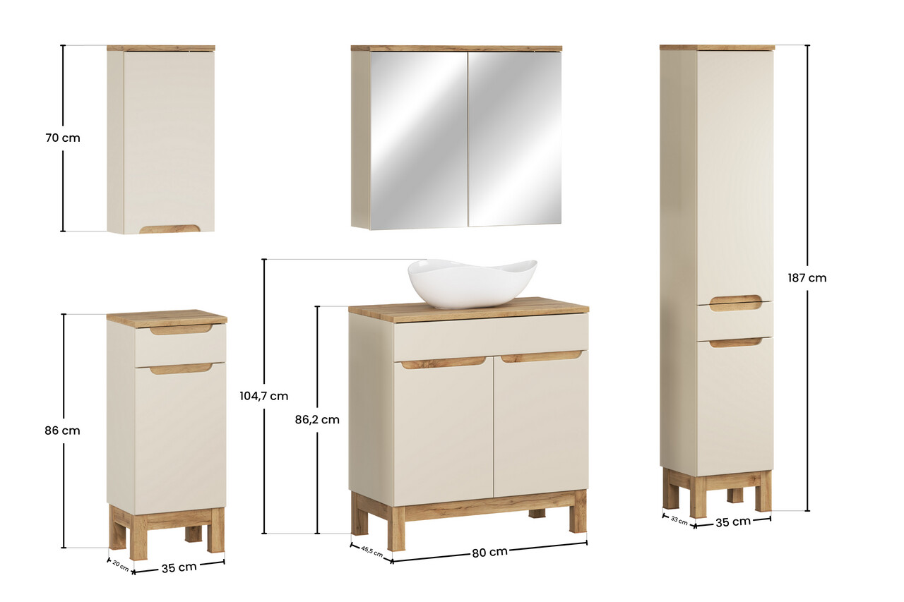 Set mobilier baie Bali Cashmere Wotan 80 cm HC MC, dulapuri, masca cu lavoar si cabinet cu oglinda, Comad, MDF/PAL, casmir - view 2