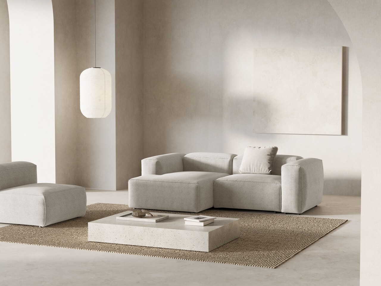 Coltar stanga 2 locuri, Bergamo, Cosmopolitan Design, 244x152x70 cm, catifea chenille raiata, ivoriu - 1 | YEO